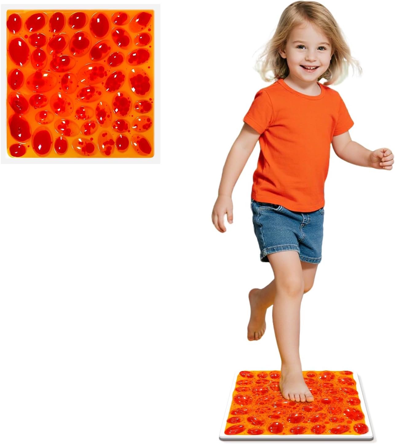 Liquid Sensory Floor Tile for Kids Ages 3+, 12" Textured Step-On Tile with Non-Slip Base, Interactive Color-Flow, Orange, for Calm Corners (1-Pack)