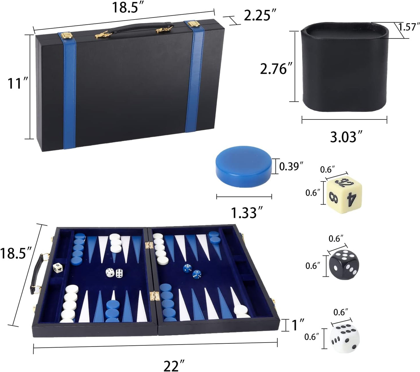 GSE Games & Sports Expert Premium Leather Backgammon Board Game Set, Classic Backgammon Game Set with Leather Case, Travel Folding Board Game (Black&Blue, Large)