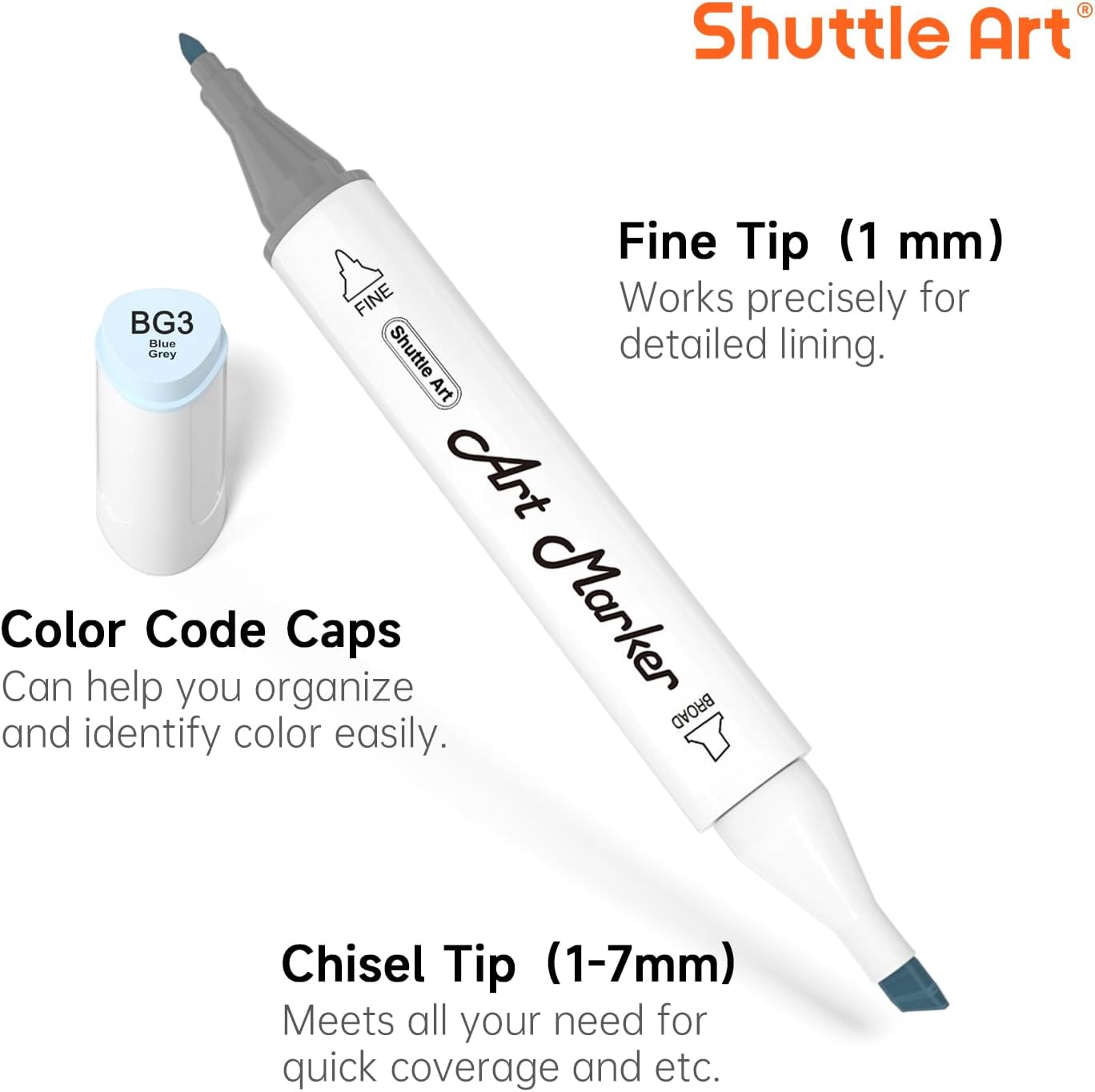 Shuttle Art 15 Colors Grey Tones Dual Tip Art Marker, Alcohol Based Marker Pens Double Ended with Fine and Chisel Point Tips Perfect for Drawing,Shading,Sketching,Designing,Outlining,Illustrating