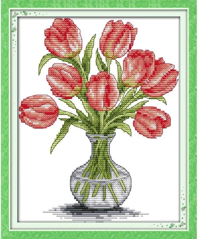 Stitchmelody 14CT Counted Cross Stitch Kits,DMC Unprinted Pattern Embroidery Set Needlework (14CT Counted/Unprinted kit,Tulip vase)