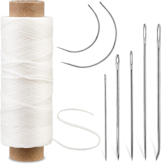 Ftyiwu Waxed Thread 55 Yards, Leather Sewing Waxed Thread with Hand Sewing Needles for Home Upholstery Carpet Leather Canvas Repair and Sewing (Original White)