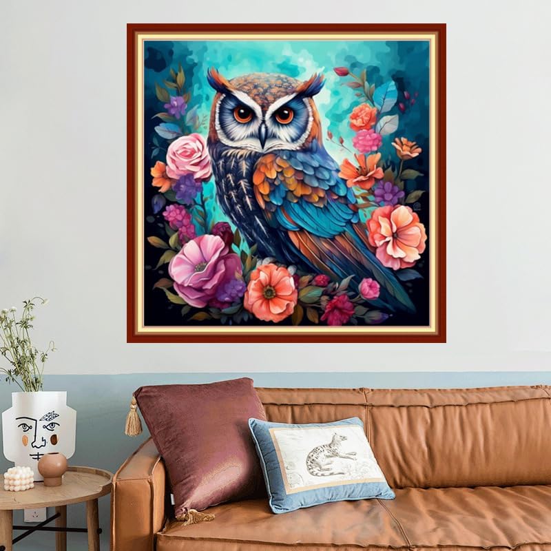 Joyhoor Stamped Cross Stitch Kits for Beginners, Needlepoint Kits for Adults, 11CT Counted Embroidery Kits-Owl Flower 18x18 inchs
