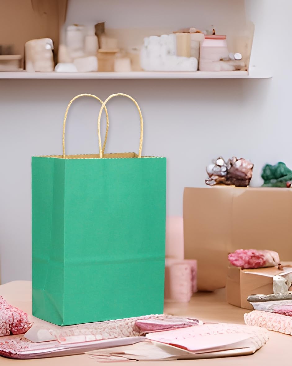 qiqee 60 pcs Kraft Bags with Handles 7.6"x4.75"x10.5" Medium Gift Paper Bag Mint Green Solid Color Bags