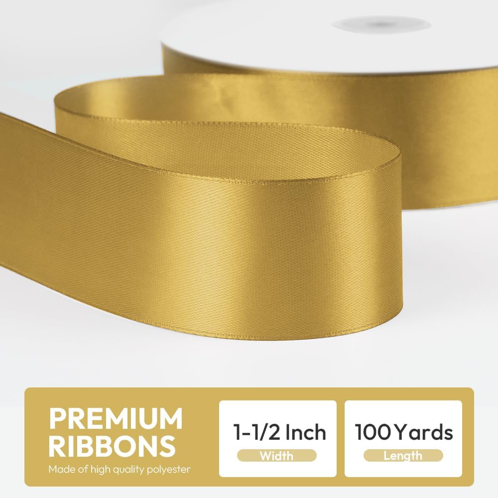 1-1/2" x 100 Yards Satin Ribbon - Dark Gold Silk Ribbon with Spool - Ideal for Gift Wrapping, Floral Bouquets, Crafts, Wedding Party Decorations, Christmas and Sewing Projects