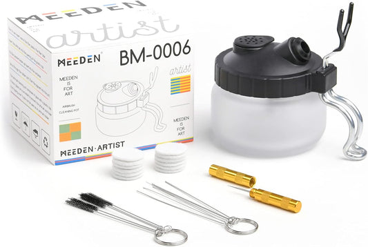 MEEDEN Airbrush Gun Cleaner Kit: Heavy Glass Cleaning Pot with Air Filter Mat and Airbrush Holder, 5 Cleaning Brushes, 5 Cleaning Needles, 1 Nozzle Cleaning Needle