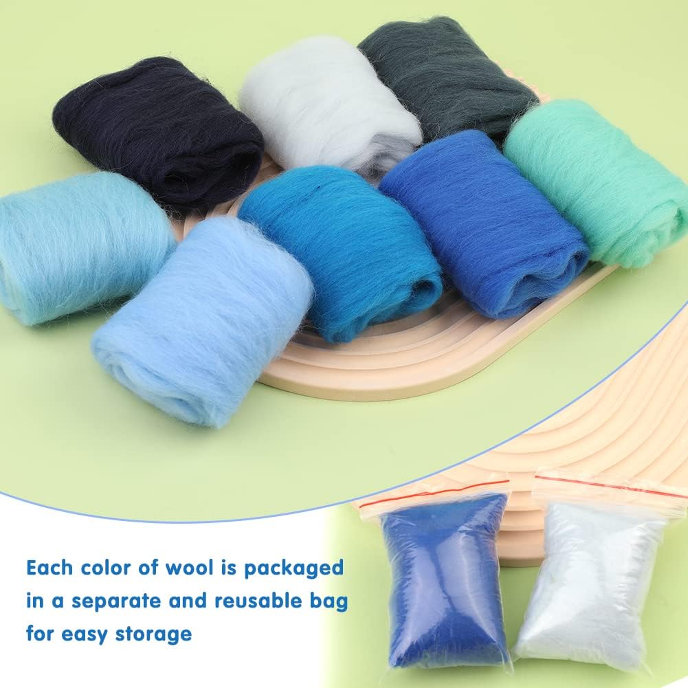 Wonvoc Needle Felting Wool 80 g, 8 Colors Nature Wool Roving, Felting Wool Bulk, Wool Roving for Needle Felting, for DIY Craft Materials and Felting Wool Craftsmen, 10g/Color, Blue
