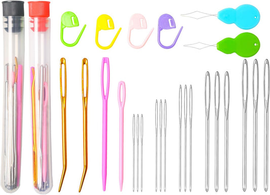 Hekisn 45Pcs Large Eye Blunt Yarn Needles kit, Assorted Sizes Bent Tapestry Darning Needle, Sewing Needles with Needle Threaders & Stitch Markers for Knitting Crochet (Red&Black)