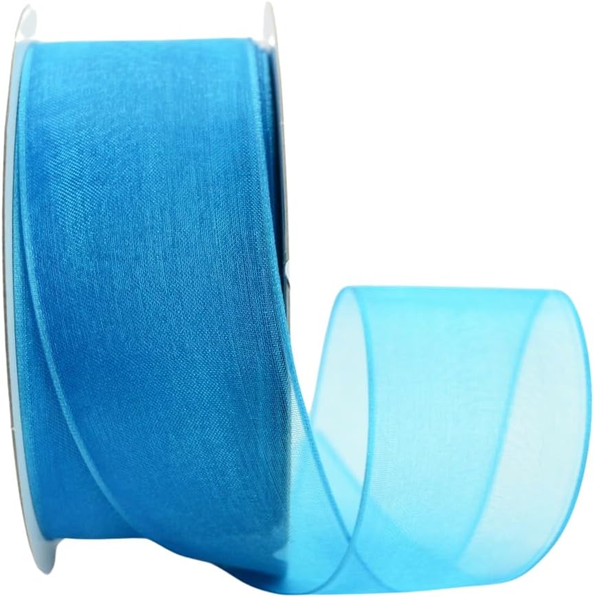 Ribbon Bazaar Sheer Organza Wired Ribbon - 100% Polyester Wire Edged Ribbon for Floral Decor, Table Arrangements, Apparel Embellishment & More - 1-1/2" Turquoise 25yd