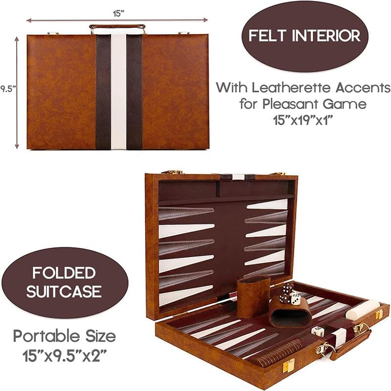 15inch Backgammon Set Classic Folding Board with Leather Case, Portable Travel Game, Ideal Gift Package for Strategy Lovers