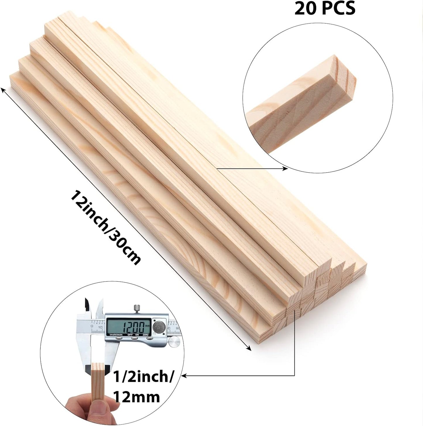 Wood Square Dowel Rods, 20PCS 1/2" x 12" Square Wooden Dowel Rods Wooden Sticks for Crafts, Unfinished Hardwood Sticks Wood Strips for Woodworking, Crafting, Arts and DIYers, Home Decor, Model Making