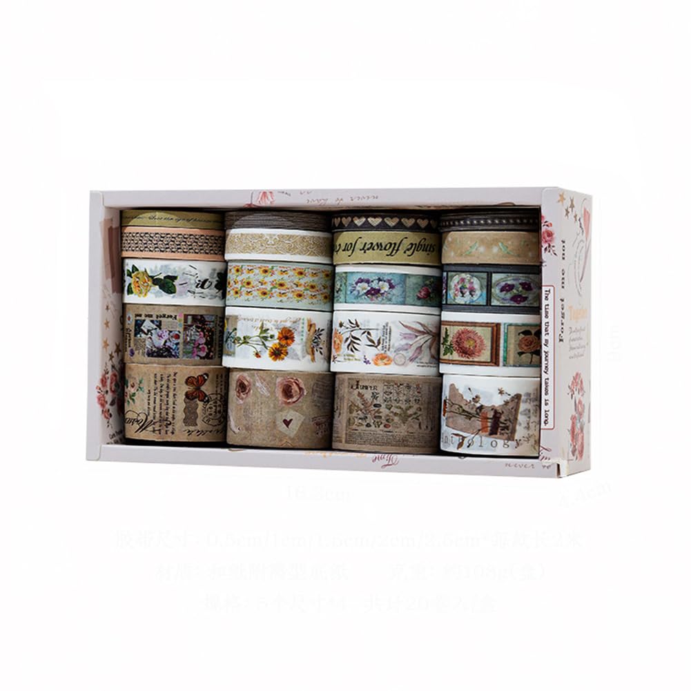 MAFELOE Decorative Vintage Washi Tapes Set 20 Rolls 2 Meters Long, Adhesive Scrapbook Junk Journaling Art Craft Collage Supplies-Forest Dream Series-Light Brown (WT-M4-SLMJ)