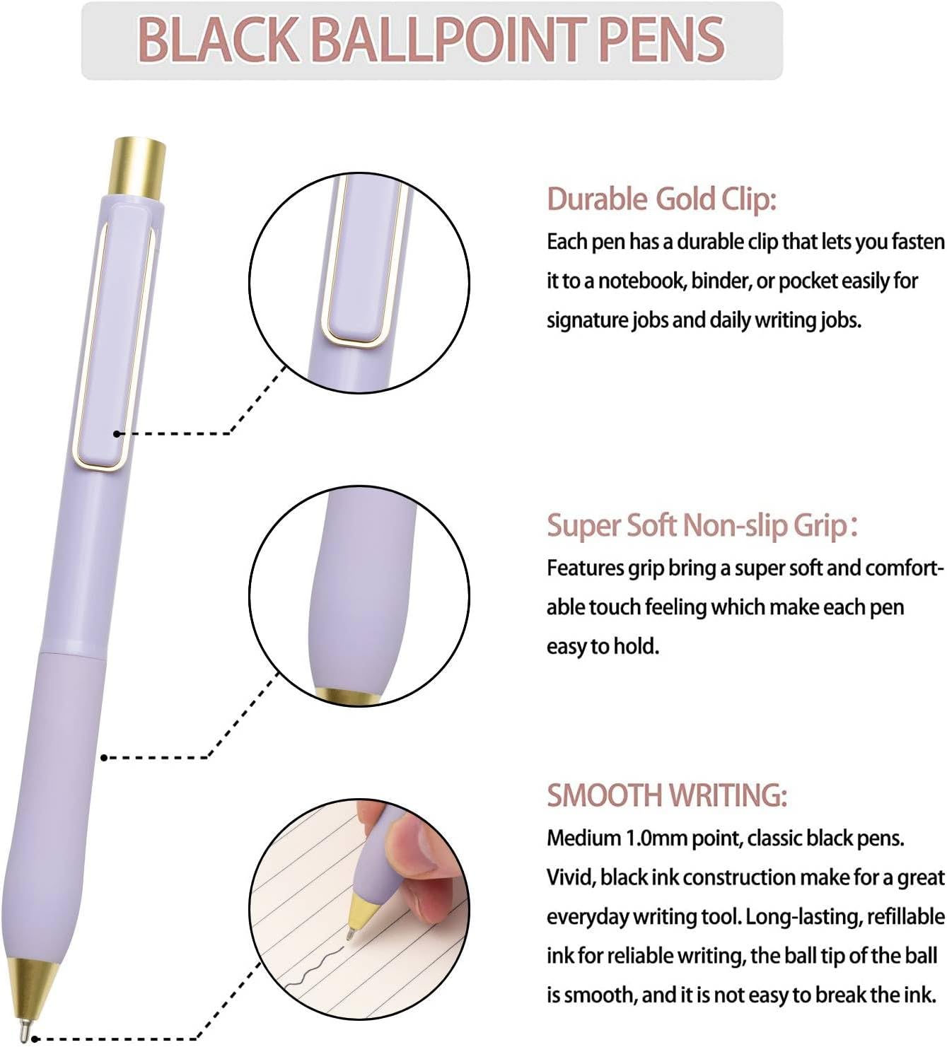 Linbsunne Ballpoint Pens Black Ink Pen 1.0mm Medium Point with Super Soft Grip(12-count)