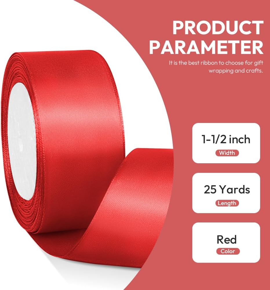 1-1/2" x 25 Yards Satin Ribbon, Red Silk Ribbon Ideal for Gift Wrapping, Floral Bouquets, Crafts, Wedding Party Decorations, Christmas and Sewing Projects