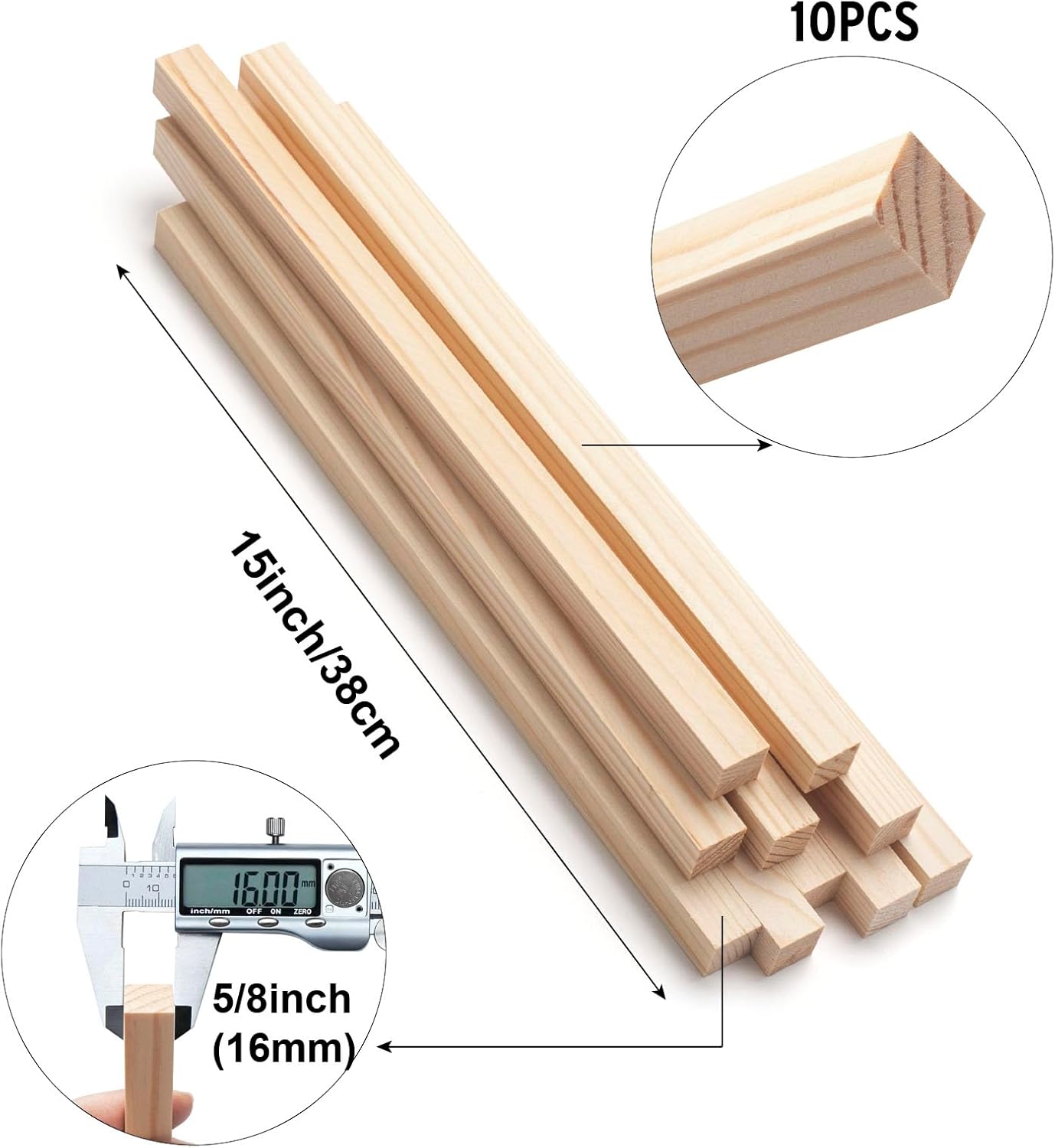 Square Wooden Dowel Rods, 10 PCS 5/8" x 15" Square Wood Dowels Wooden Sticks for Crafting, Unfinished Hardwood Pieces Wooden Strips for Woodworking, Crafts, Arts and DIYers, Home Decor, Model Making