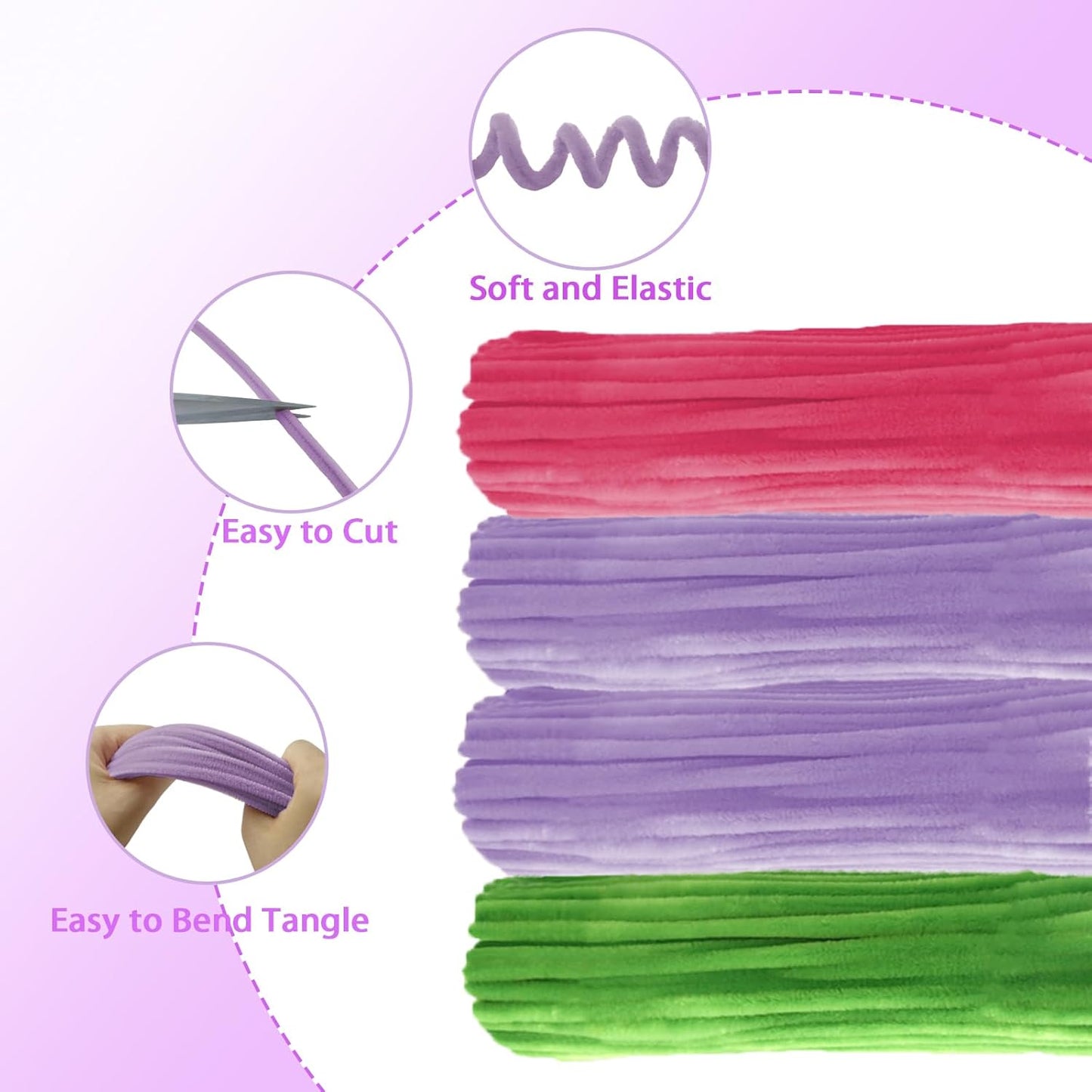 LOLEDE 400Pcs Pipe Cleaners Craft Kit, 3 Colors Chenille Stems for DIY Artificial Flower Making with Floral Wires, Gardening Tape, LED String Lights, Pearl Beads & Ribbon (Purple)