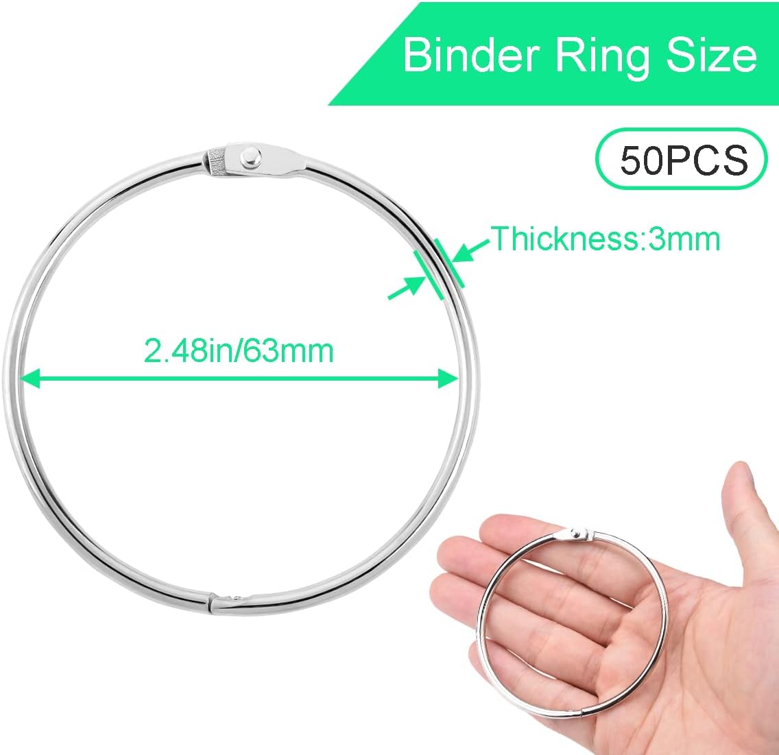 CooBigo 50 Pack Binder Rings, 2-1/2-Inch Metal Book Ring Holder for Loose Leaf, Index Cards, Flash Cards, Keychains - Silver