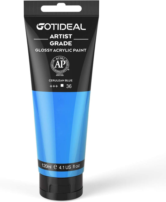 GOTIDEAL Acrylic Paint Cerulean Blue Tubes(120ml, 4.1 oz) Non Toxic Non Fading,Rich Pigments for Painters, Adults & Kids, Ideal for Canvas Wood Clay Fabric Ceramic Craft Supplies (Cerulean Blue)