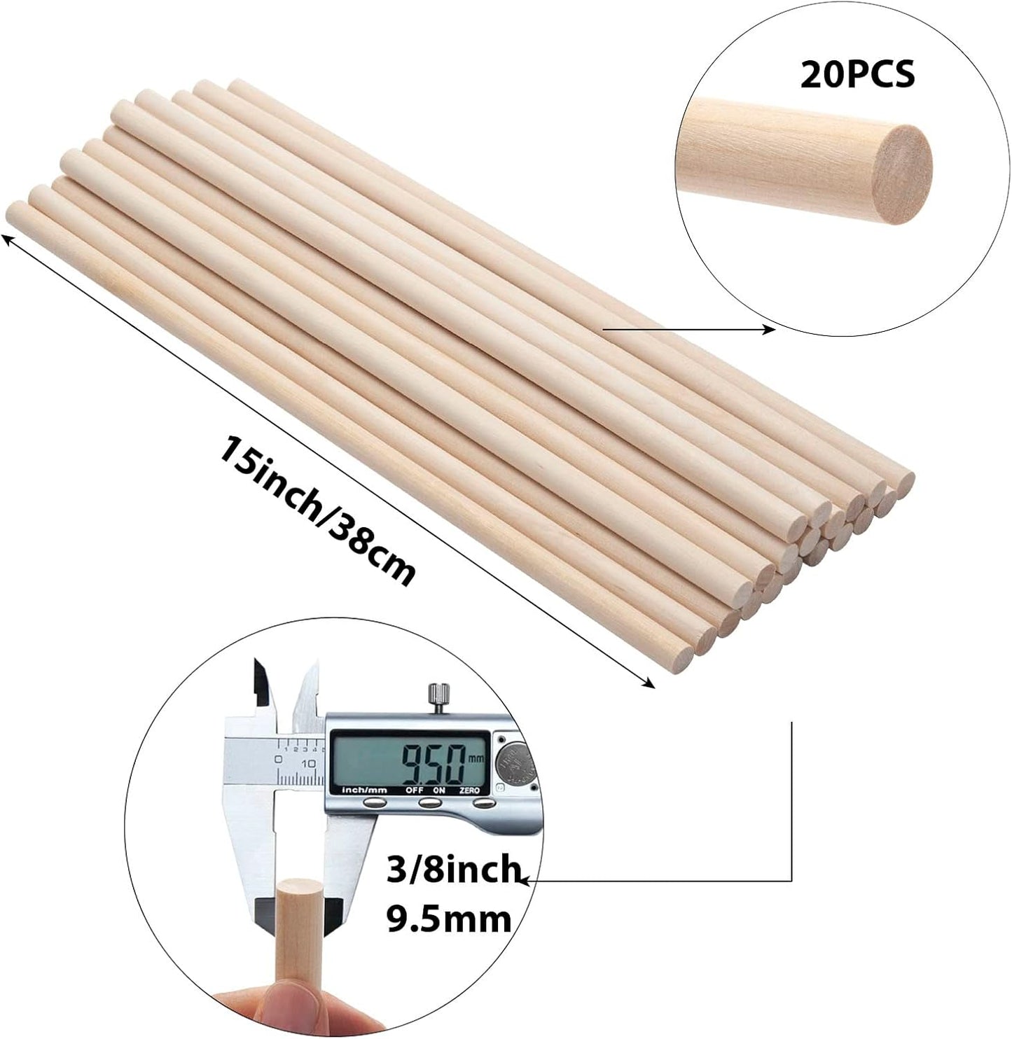 Wooden Dowels Round Wood Dowel Rods 3/8 x 15 Inch, 20PCS Macrame Dowel Wooden Sticks for Crafts, Unfinished Hardwood Sticks for Arts and DIYers, Crafting, Tiered Cake Support and Wedding Ribbon Wands