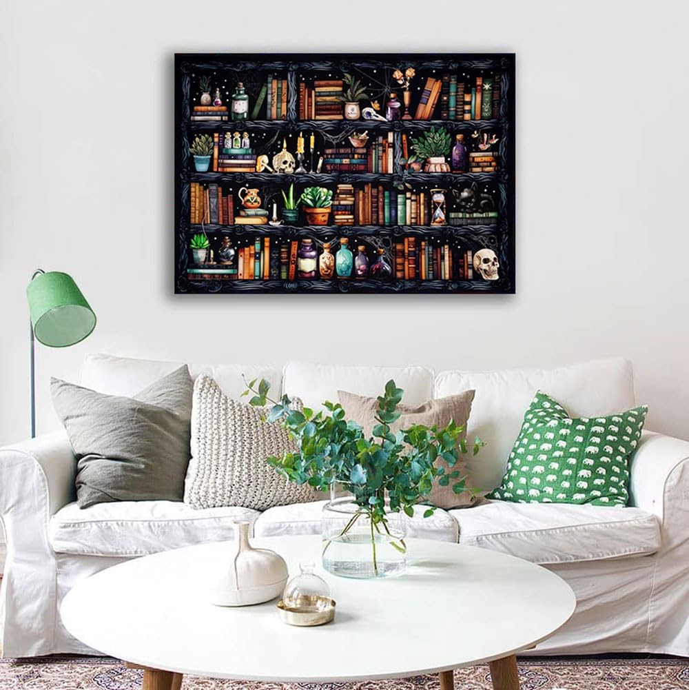 Bookshelf Stamped Cross Stitch Kits - Magical Book Counted Cross Stitch Kits for Beginners Adults Skull Needlepoint Cross-Stitch Patterns Dimensions Needlecrafts Embroidery Kits Arts and Crafts