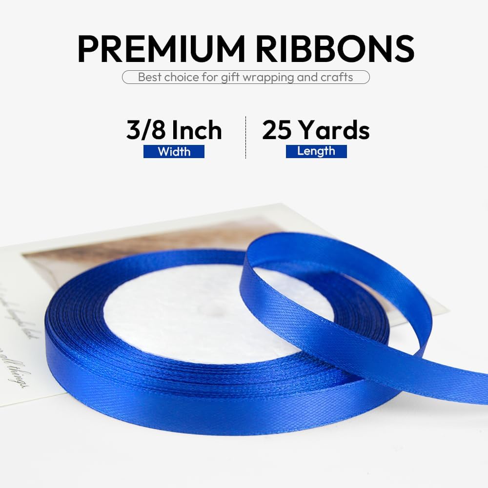 3/8 Inch 25 Yards Satin Ribbon Royal Blue, Solid Color Fabric Ribbon for Gift Wrapping, Wedding, Polyester Gift Ribbon for Birthday Party Decoration, Craft, Hair, Floral, Sewing