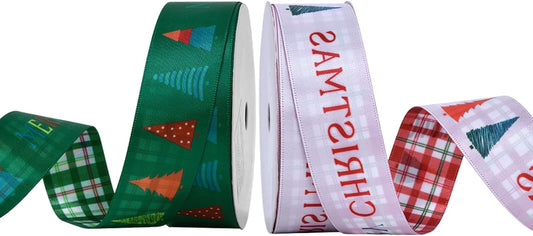 Christmas Gift Wrapping Ribbon, Red, Green, 2 Rolls Printed Grosgrain Ribbons for Crafts, Floral Bouquets, Sewing, Party and Festive Holiday Decor (2 Rolls(Green/White), 1 Rolls=1in * 5Yards)