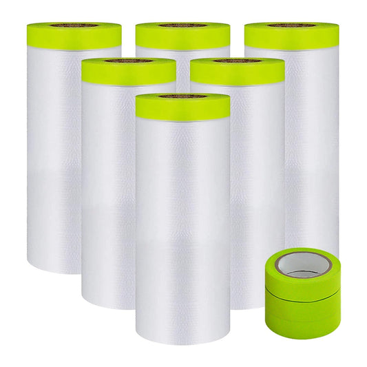 Pre-Taped Masking Film-55inx65ft Tape and Drape Painters Paper Rolls, Plastic Painting Film for Automotive Painting Covering （Masking Film:6rolls,Tape:3rolls）