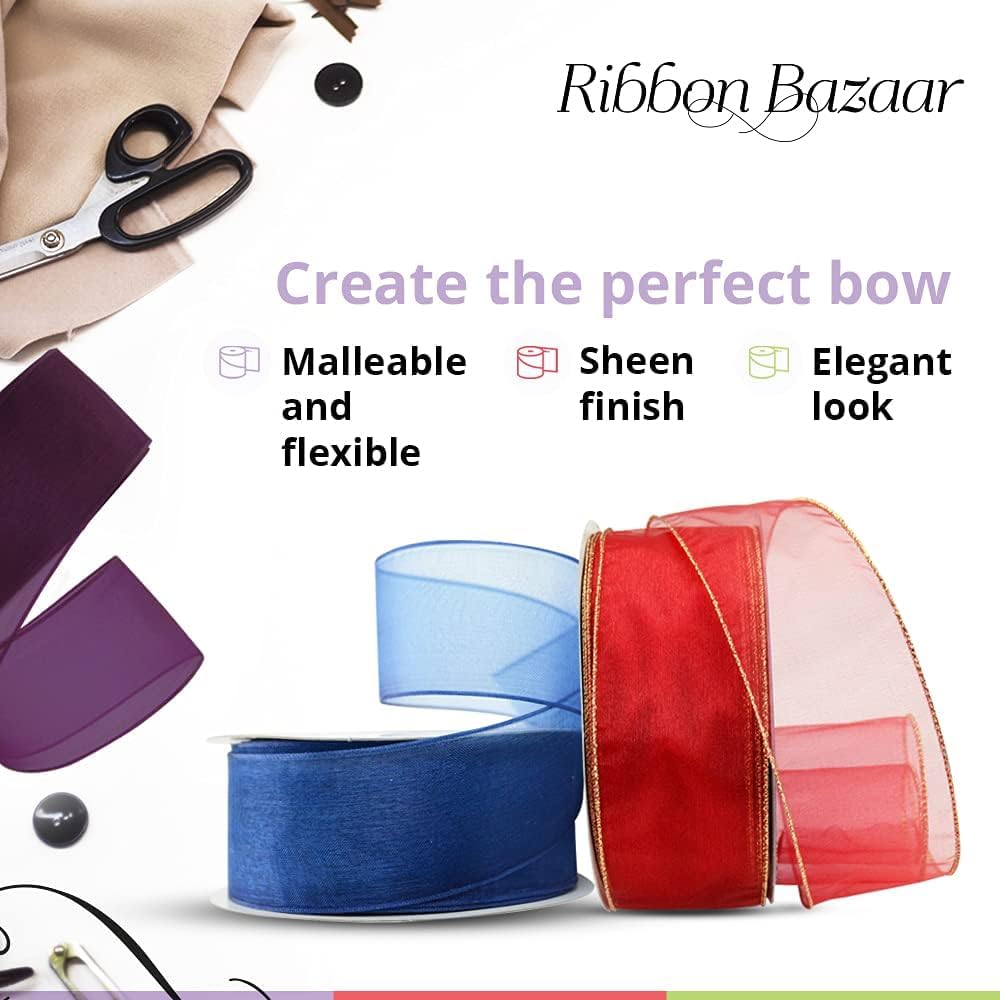 Ribbon Bazaar Sheer Organza Wired Ribbon - 100% Polyester Wire Edged Ribbon for Floral Decor, Table Arrangements, Apparel Embellishment & More - 1-1/2" Red 25yd