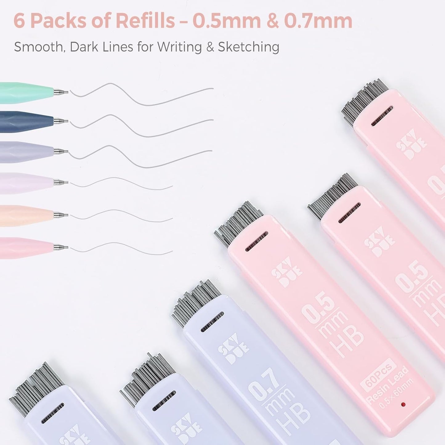 SKYDUE Cute Mechanical Pencils Set with Case, 6PCS 0.5mm & 0.7mm Mechanical Pencils, 360PCS HB Lead Refills, 4PCS Pastel Erasers, Pastel Back to School Supplies for Girls
