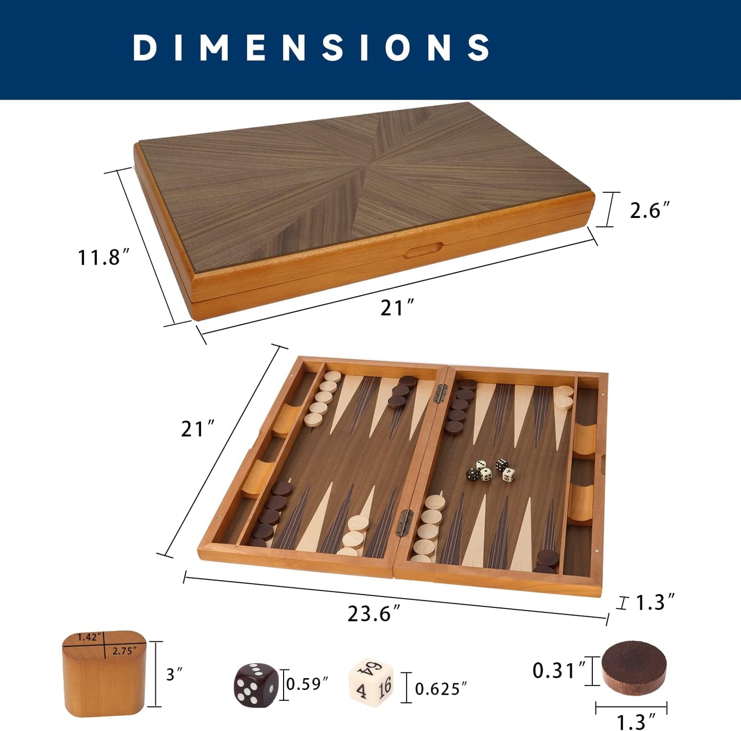 GSE Games & Sports Expert Premium Wooden Folding Inlay Backgammon Board Game Set, Classic Traditional Strategy Board Games (Focus- 21 Inches)