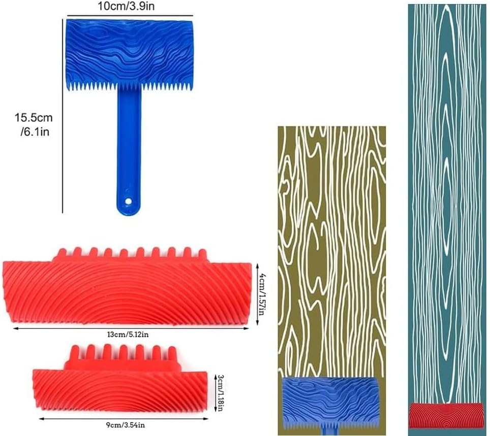 H HAGU LANDE Wood Grain Tool,Woodgraining Tool Kit Textured Paint Roller Soft Rubber, Natural Wood Grain Painting Maker Tool for DIY Wall Room Decor(3PCS)