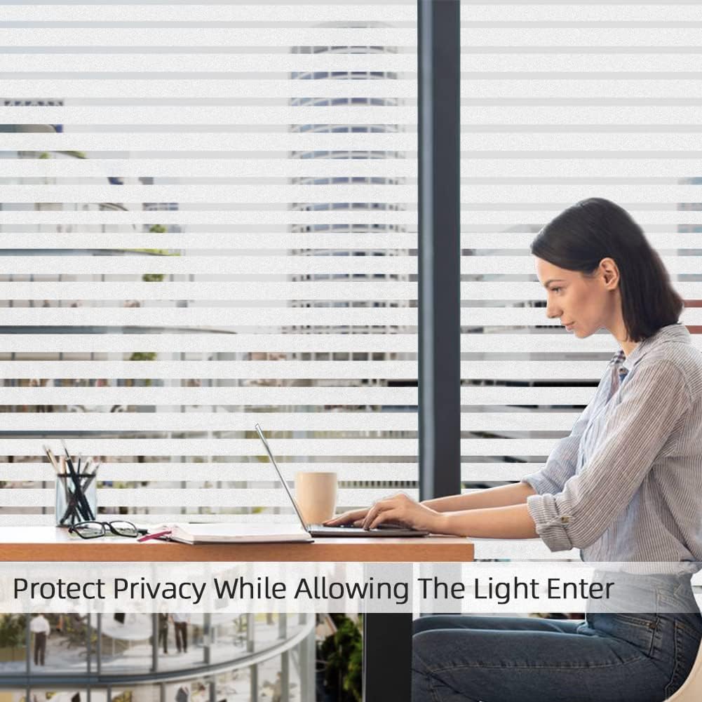 Qualsen Privacy Window Film, Frosted Windows Privacy Film, Frosting Cling for Glass, Anti-UV Reeded Blinds Sticker for Home Office Meeting Room, Stripe Patterns, 23.6x118inch