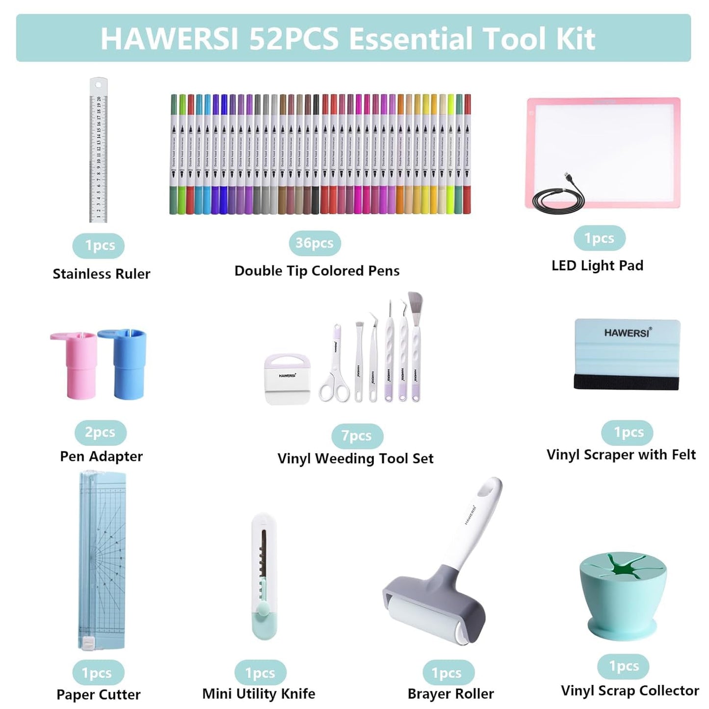 52Pcs Essential Craft Tools Set for Cutting Machine,Weeding Tools for Vinyl,Paper Cutter,Light Pad,Vinyl Weeding Scrap Collector,Brayer Rollers,Craft Accessories Bundle for Craft Projects