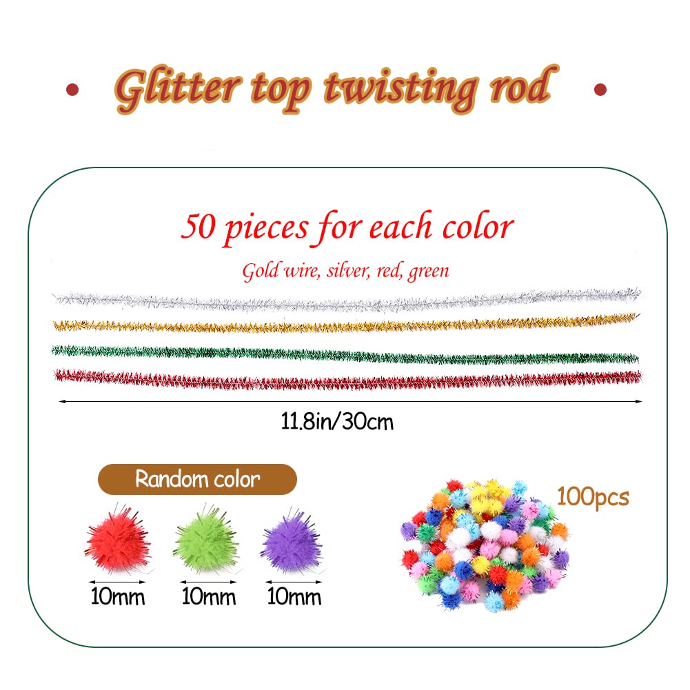 200 Pieces Pipe Cleaners, Christmas Glitter Pipe Cleaners, Pipe Cleaners Chenille Stem with 100 Pom Poms, Craft Pipe Cleaners for Creative Christmas Decoration Supplies Arts and Crafts Project