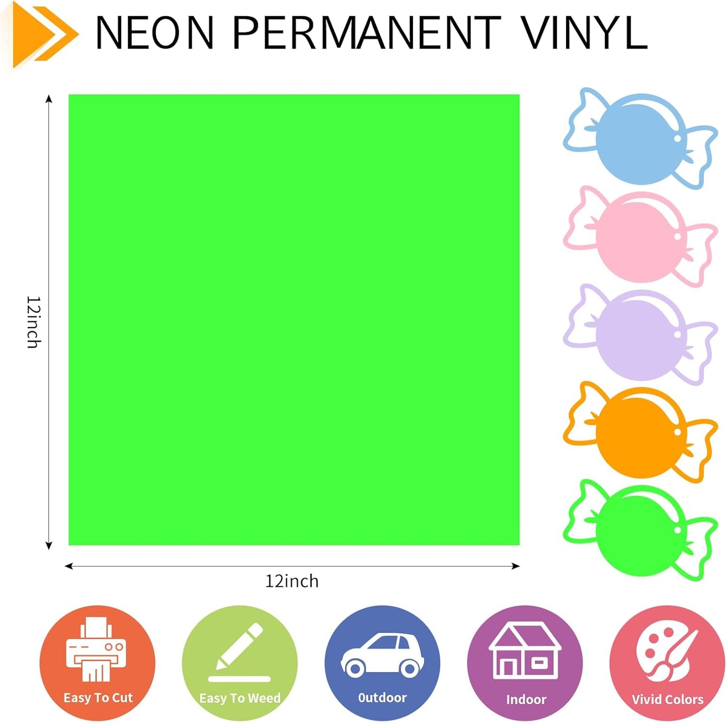 GIRAFVINYL Neon Permanent Vinyl 5 Sheets - 12”x12” Easy to Weed Bright Color Neon Permanent Adhesive Vinyl for Mugs, Sign, Banner,