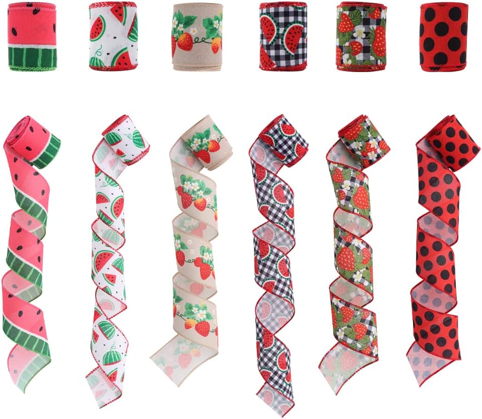 2.5" Watermelon and Strawberry Ribbon,Summer Craft Wire Edged Ribbon,Checks,Polka Dots,Watermelon Slices,Strawberries and Flowers Faux Linen Ribbons for Floral Arrangements, Packages and Home Decor.