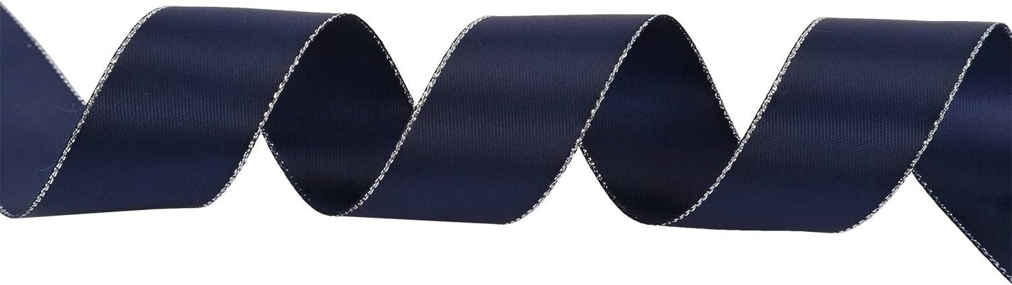 ITIsparkle 1" Inch Double Faced Satin Ribbon 25 Yards with Silver Edges, 1" X 25Yd - Navy