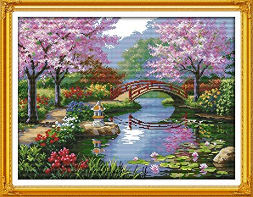 Stitchmelody 14CT Counted Cross Stitch Kits,DMC Unprinted Pattern Embroidery Set Needlework-The Beautiful Scenery of Park 21.2''×21.2'
