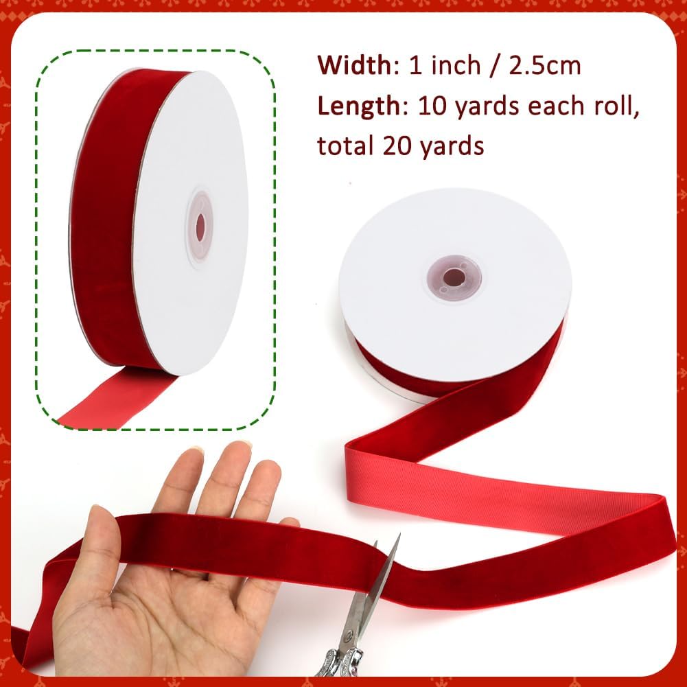 Red Velvet Ribbon, 1 Inch x 20 Yards Single Faced Red Ribbon for Gift Wrapping, Bow Making, Christmas Tree Decorations, Wreath Making and DIY Crafts (10 Yards Each Roll)