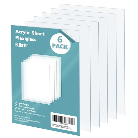 Egofine Plexiglass Sheets Acrylic Sheets 6 Pack of 8.5x11’’ 0.04 Thick Clear Plastic Cast Transparent Plexi Glass for Crafting Projects, Replacement Picture Frame Glass, DIY Display, Easy to Cut