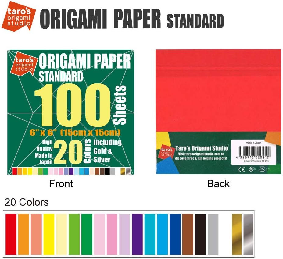 [Taro's Origami Studio] Standard 6 Inch One Sided 20 Colors 100 Sheets Square Easy Fold Premium Japanese Paper for Beginner (Gold and Silver Included) Made in Japan