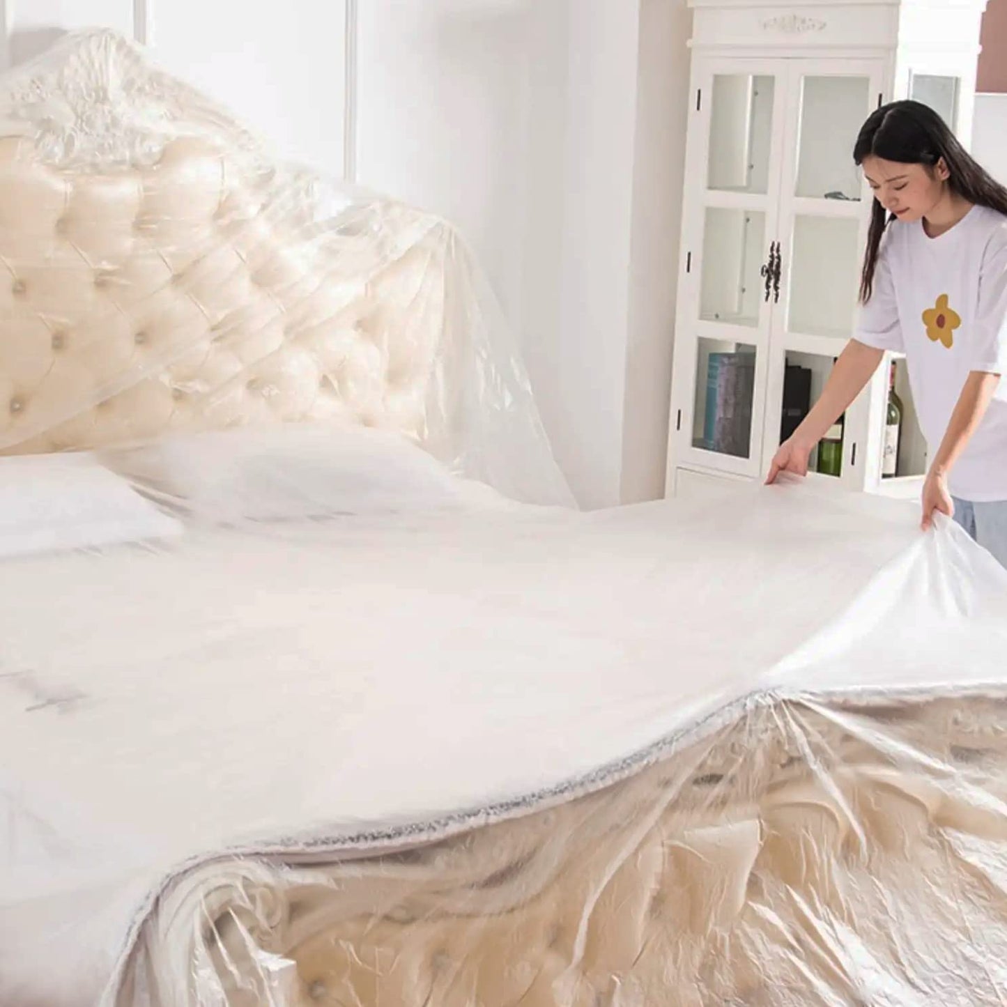 LLPT Tape and Drape 106.3”(Unfolded) x 66 Ft Each 2 Pack Pre-Taped Masking Film 0.27 Mil Painters Plastic Drop Cloth for Auto Wall Furniture Painting Protection (MFT2702)