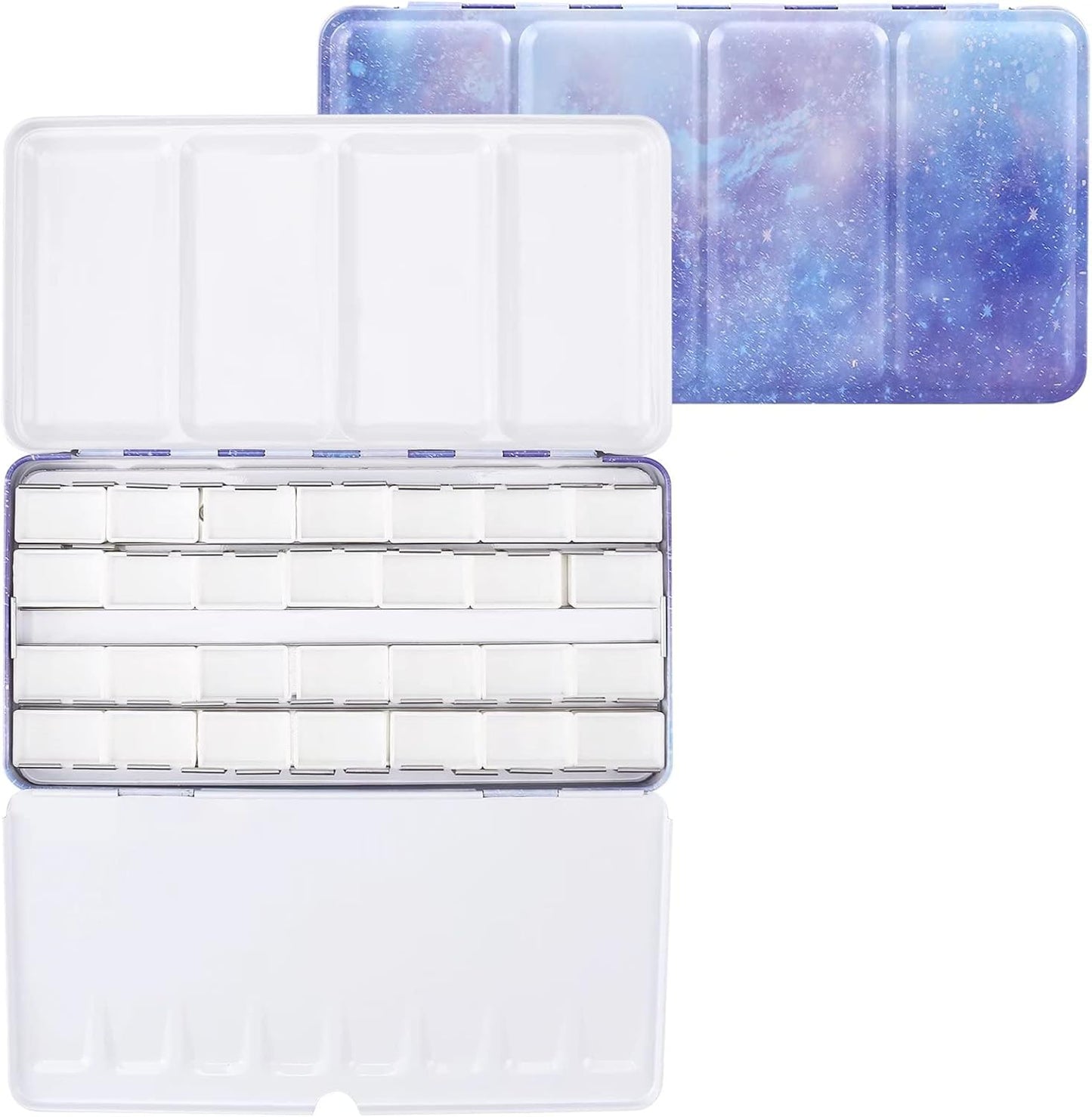 LOONENG Empty Watercolor Palette, Empty Watercolor Tin with Fold Out Palette, Large Purple Watercolor Tray Palette with 28 Empty Full Pans for Plein Air Painting and Sketching