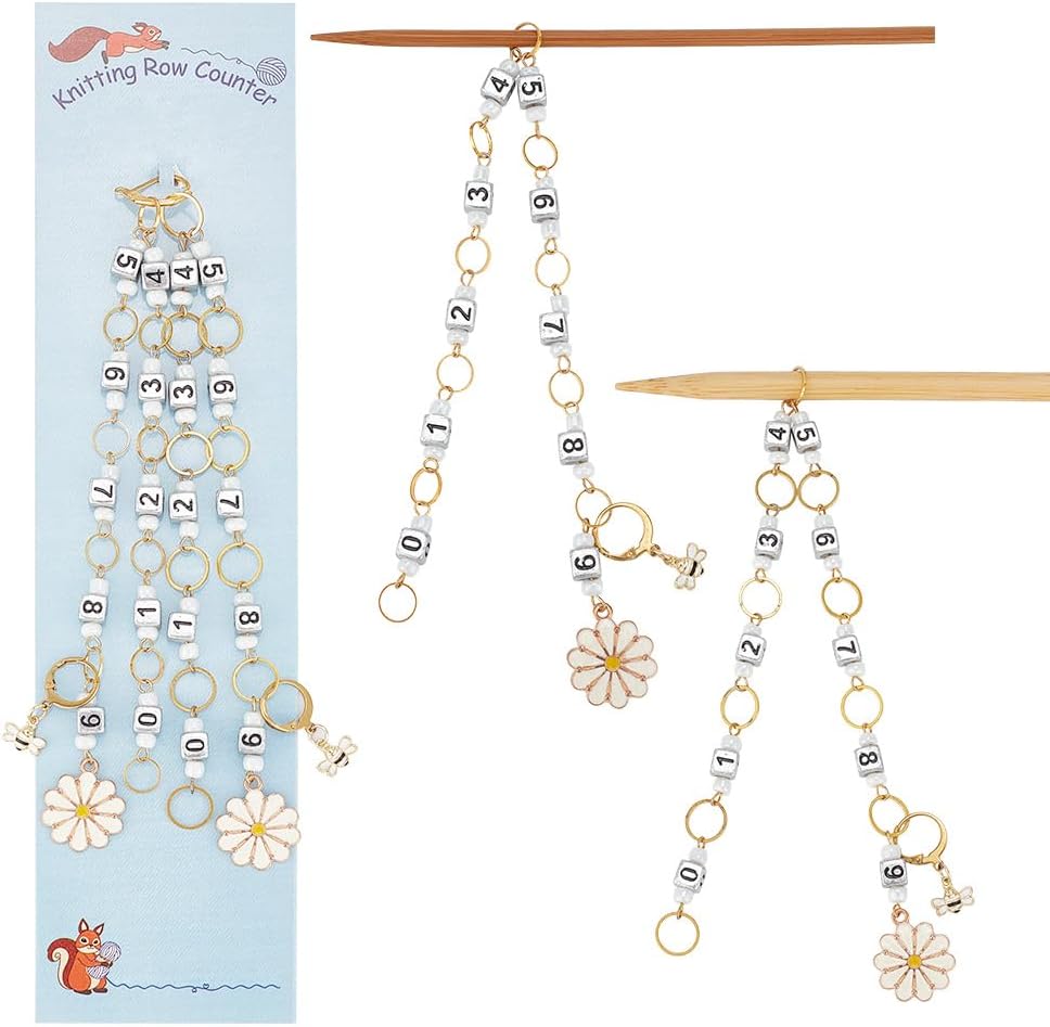 NBEADS 2 Pcs Flower and Bee Knitting Row Counter Chains, Number Beads Acrylic Stitch Markers Row Counting Accessories for Knitting Crochet Tracking Project Progress