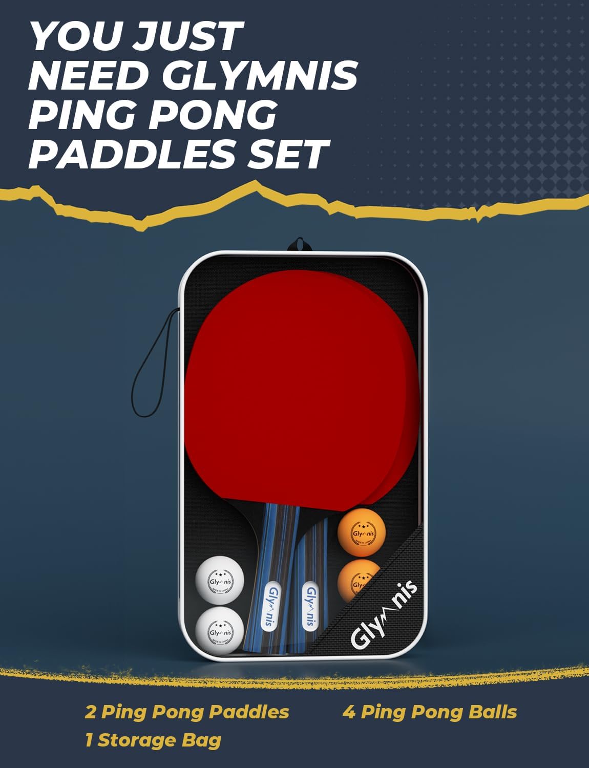 Glymnis Ping Pong Paddles Set Table Tennis Rackets with Balls, Storage Case for Indoor Outdoor Table Tennis Paddle Game Accessories