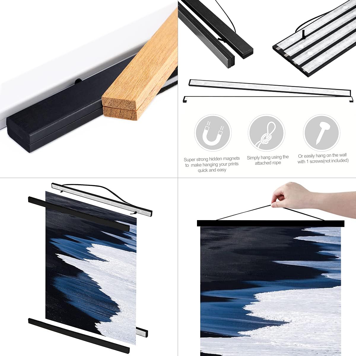 Ywlake Magnetic Poster Hanger, 19x27 19x13 19x25 Poster Frame Wood Wooden Magnet Print Posters Dowel Scroll Hanger Hangers Hanging Kit for Walls Map Canvas Artwork (Black, 19")