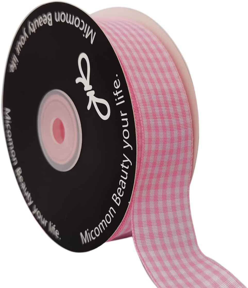 Pink and White Gingham Ribbon - 25 Yards Each Roll - 100% Polyester (1", Pink)