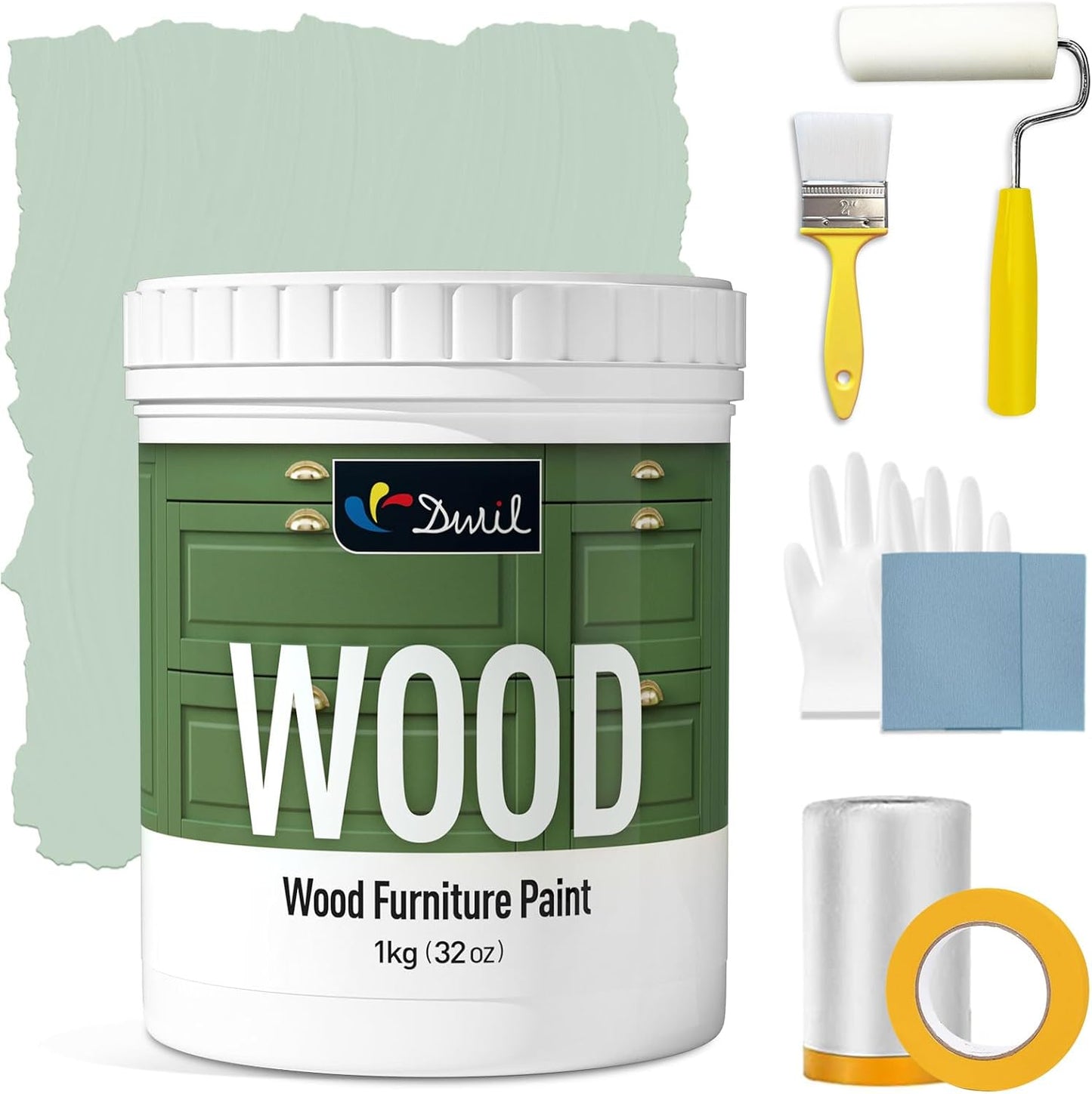 DWIL Matte Finish Furniture Paint - 32 Oz Wood Paint for Cabinets, Doors, Tables, and Dressers Refinishing - Water-Based, Non-Toxic & Odorless, Easy to Apply(Organza Green)-With Tools