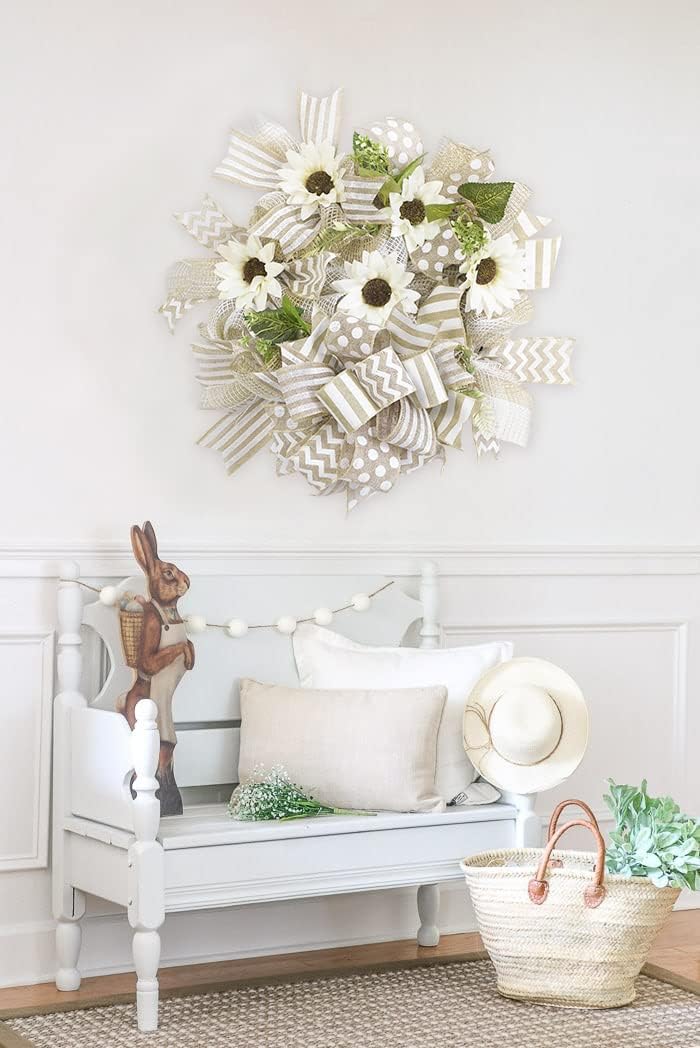 MEEDEE Burlap Ribbon with White Stripe Burlap Ribbon 2.5 Inch Wired Ribbon for Cakes Gift Basket Bow Wreath Ribbon for Rustic Front Door Wreath Baby Shower Beach Party Farmhouse Decor, 10 Yards