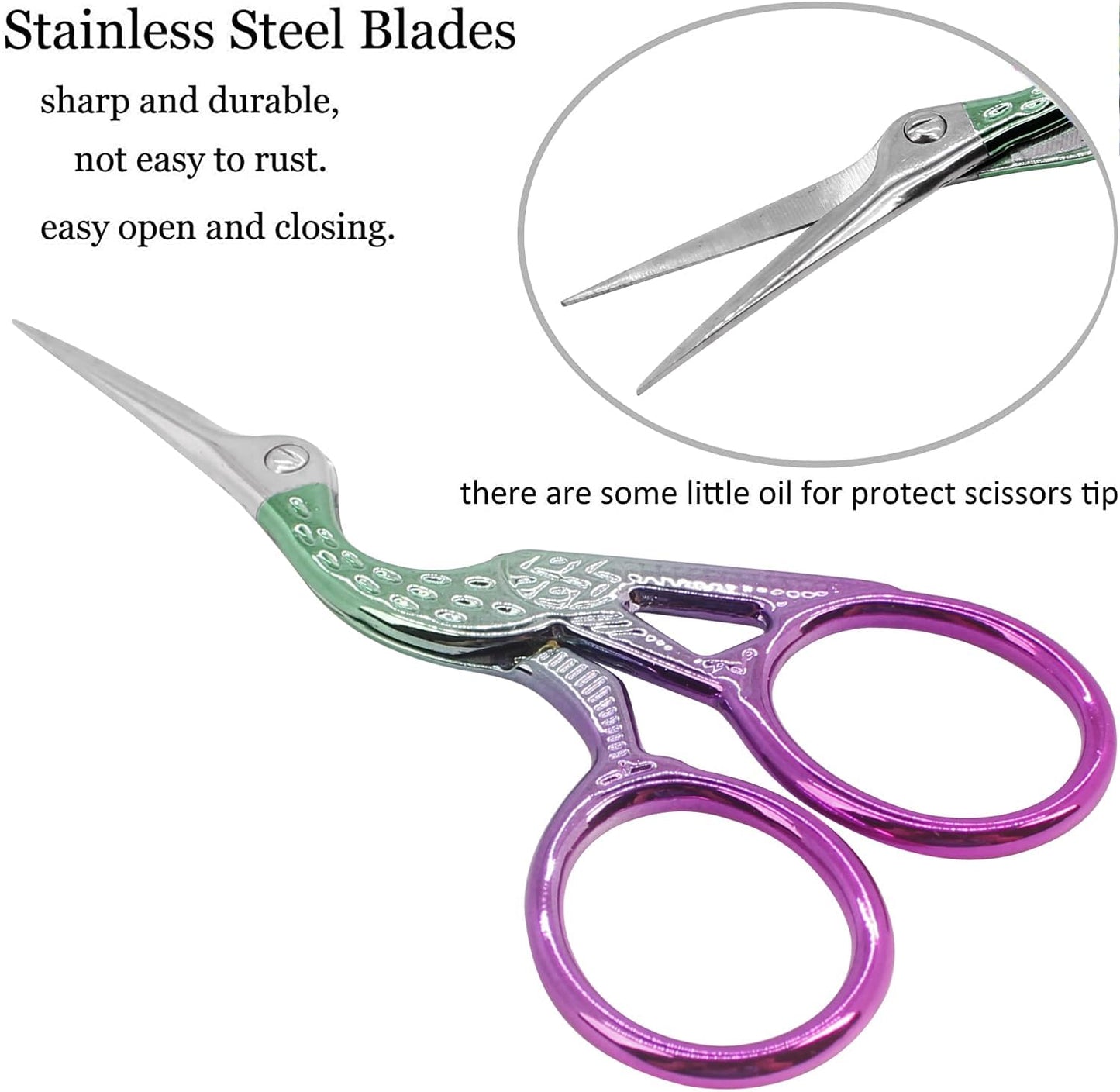 BIHRTC 3.6 Inch Small Crane Precision Detail Scissors Protective Leather Cover Stainless Steel Sharp Tip Needlepoint Scissors for Sewing Crafting Embroidery Scrapbooking