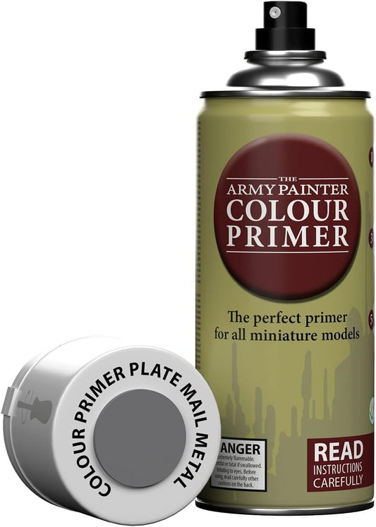 The Army Painter Colour Primer Plate Mail Metal, 400 mL Acrylic Spray Primer, Spray Paint Basecoat for Miniature Priming, Tabletop Roleplaying, Boardgames, and Wargames Miniature Modelling